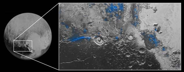 Pluto Closeup Water Ice on Pluto: Regions with exposed water ice are highlighted in blue in this composite image.