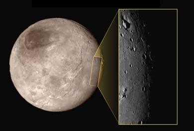 Charon s Surface There are also complex reflectivity patterns on Charon s surface, including bright and dark crater rays, and the conspicuous dark north polar region at the top of the image.