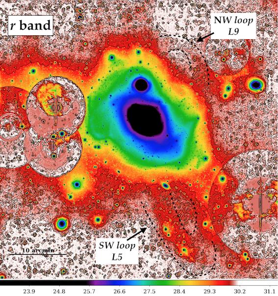 8 Iodice et al. Figure 3. Enlarged regions of the mosaic shown in Fig. 1, of about 1 1 square degrees around NGC 1316 in r band, plotted in surface brightness levels (shown in the colorbar).