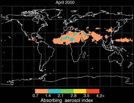 Examples of dust and smoke distributions are shown in Figure 1 in a monthly average UV absorption aerosol index from the Total Ozone Mapping Spectrometer (TOMS), for October 1997.