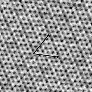 130 Atomic Force Microscopy Imaging, Measuring and Manipulating Surfaces at the Atomic Scale Fig. 25. Close-up image of a (5 x 5) moiré superstructure, showing the graphite lattice.
