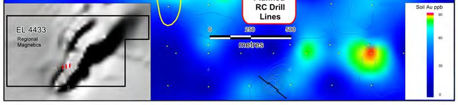 A B Figure 1 Proposed drill hole locations at Mars Aurora Tank showing outline of chargeability anomaly, and coloured contours for gold anomalies in surface RAB samples The Company is seeking to