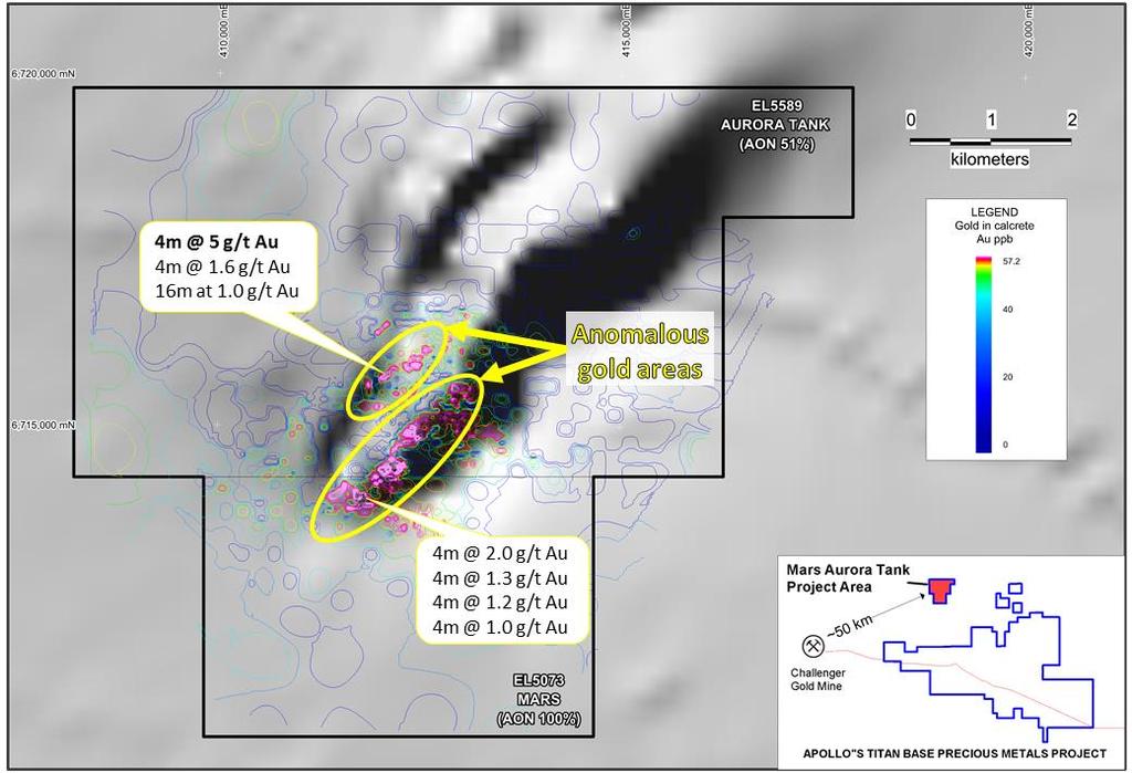 Figure 1 Mars Aurora Tank project with significant drill intersections and contoured gold in calcrete Mars Aurora Tank Project Apollo holds a 100% interest in the Mars tenement (EL 5073) and is