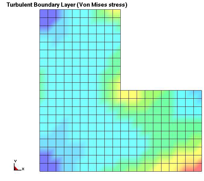 RMS of Von mises stress for the L-shape plate (unit: psi) The maximum RMS of Von mises stress happens at the lower-right corner (element 10) where the free edge