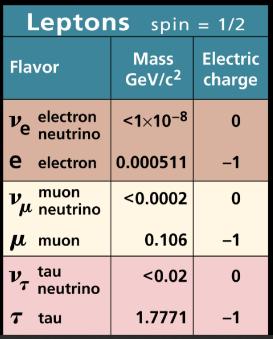 neutrino. All of the leptons have a spin of 1/2. The electron, muon, and tau have a charge of -1 where as their associated neutrinos have a charge of 0.