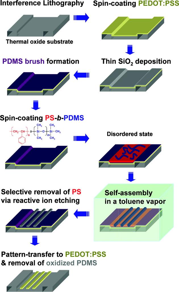 Spin-coating a PDMS-sphere forming PS-b-PDMS block copolymer onto a sparse, hexagonal array of HSQ posts, followed by thermal annealing at 200 C, a short CF 4 then O 2 RIE, revealed a highly-ordered