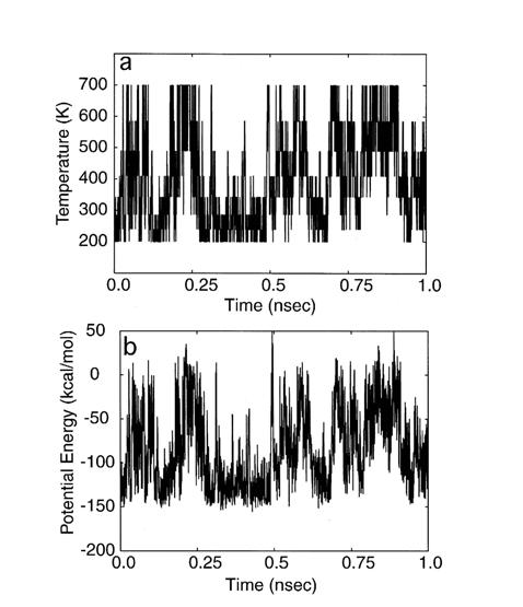 Results for Met-enkephallin Time series of temperature exchange and total potential energy for one replica in an 8 replica REM