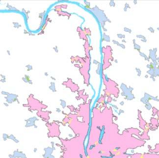 shp. Figure 39. Output example after select by location number 1 Select by location: to determine the urban areas where the river is a link Enlarged_core_classes.
