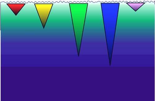 TOTAL light and COLOR Spectrum Vary with depth Red Yellow Green Blue UV Good Light Euphotic zone= where photosynthesis is possible!