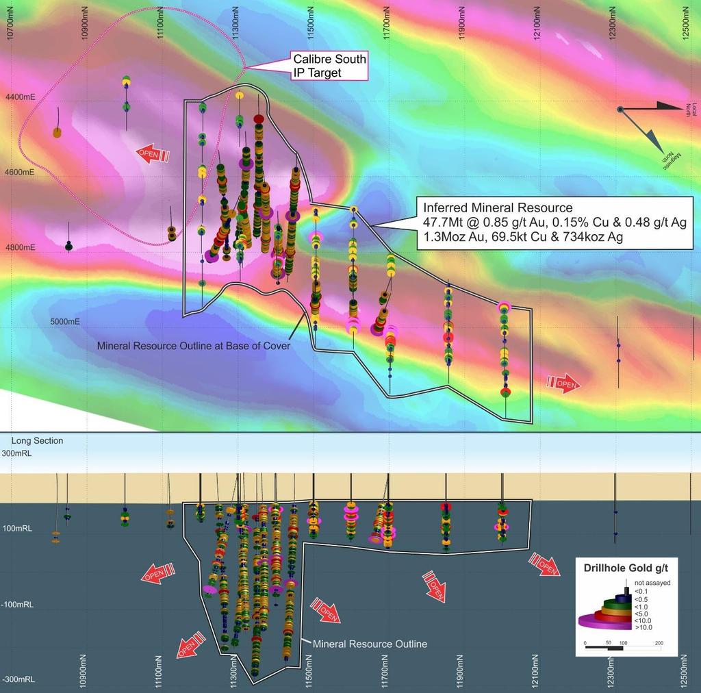 Figure 1: Calibre Deposit Plan view (top) and west looking Vertical Projection (bottom) showing drill hole gold grade distribution and limit of Calibre Inferred Mineral Resource which covers