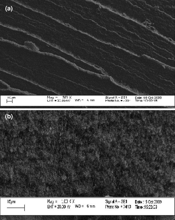 M. M. Radhi et al. Fig. 13 Scanning electron micrographs of mv s -1 grafted polymer as electrode a before and b after electroanalysis with potassium ferricyanide in aqueous solution of 0.