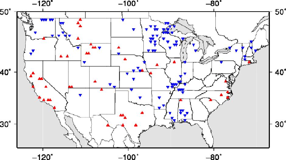 Figure 3. Trends in drought duration. Blue inverted triangles show downward trends, and red triangles show upward trends.