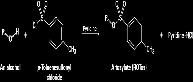 Conversion of Alcohols into Tosylates Reac1on with p- toluenesulfonyl chloride (tosyl chloride, p- TosCl) in pyridine yields alkyl tosylates, ROTos