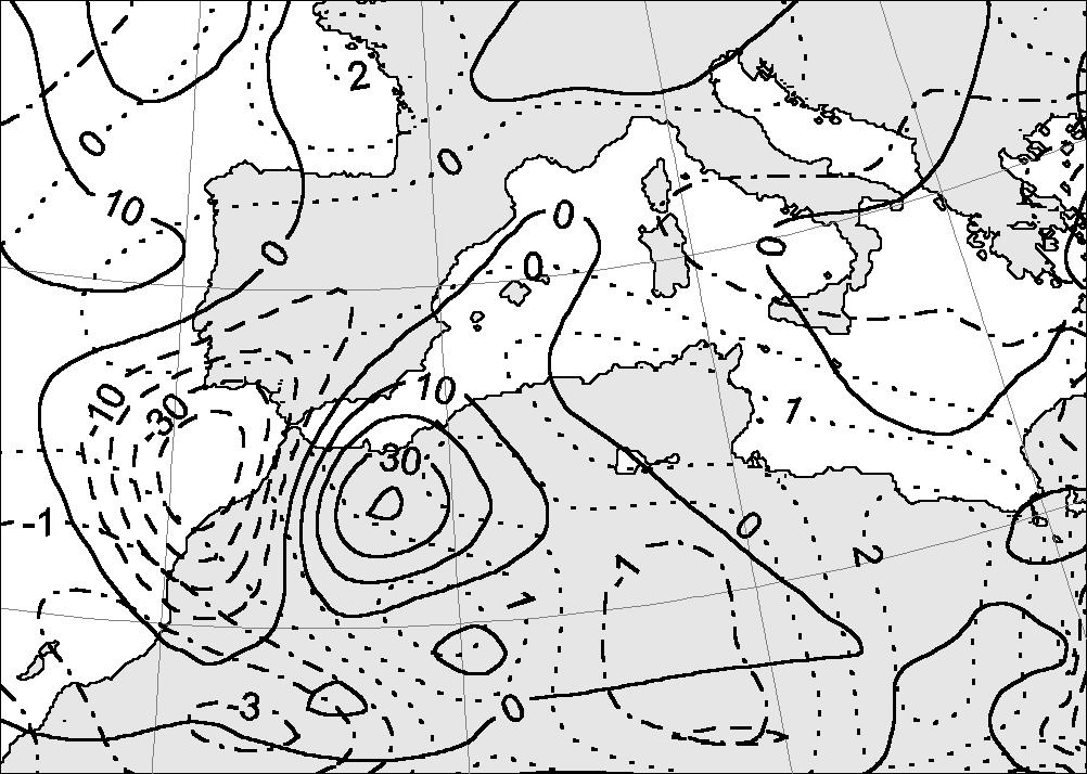 1000 hpa (gm 2 s 1, strong solid line) greater than 200 gm 2 s 1 ; and 24-h averaged latent heat flux (Wm 2, dashed line) from 12:00 UTC 22 to 12:00 UTC, 23 October 2000 shown for domain 2. Fig. 13.