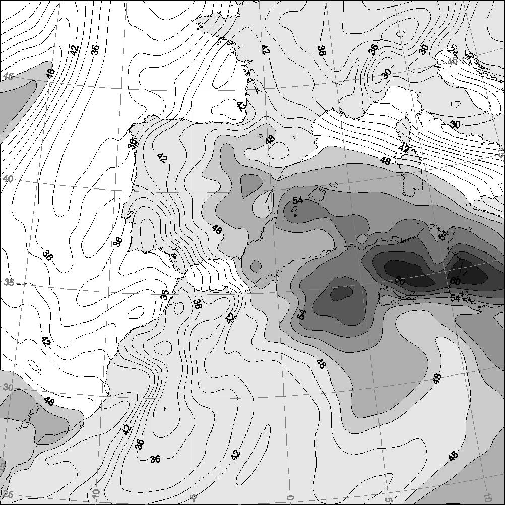 Vector field and shaded contours show the 48-h averaged wind and wind speed (m/s) greater than 8 m/s at 1000 hpa from 00:00 UTC 22 to 00:00 UTC, 24 October 2000. Fig. 9.