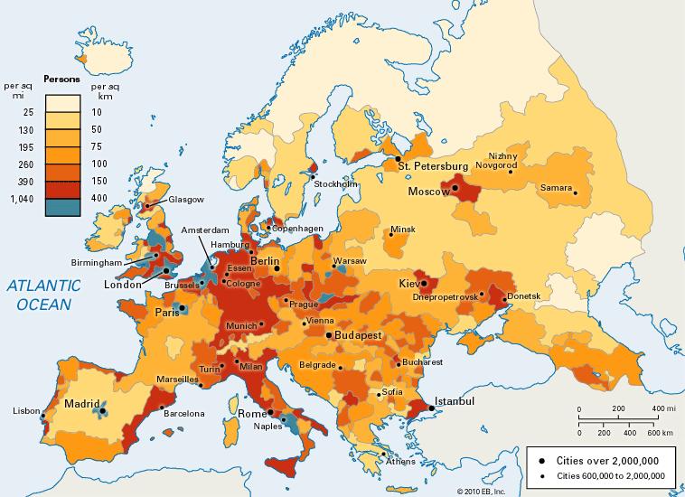 Europe as a Region 9 7. What cities shown on the map are located in the most densely populated sections? 8.