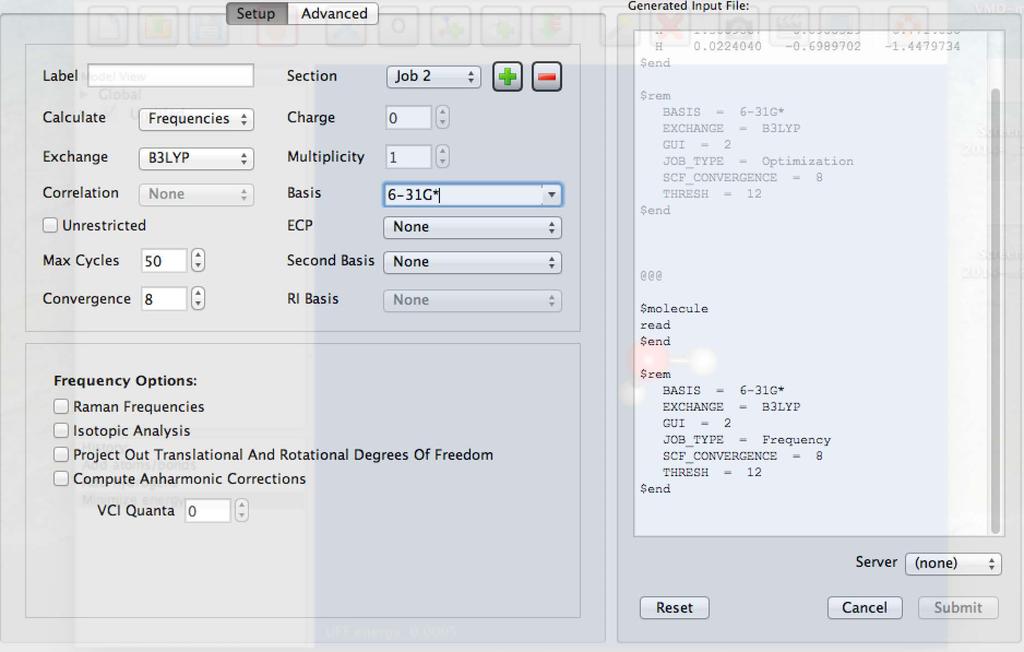 Use add button to submit multiple jobs within on input file: such and optimization and frequency to be