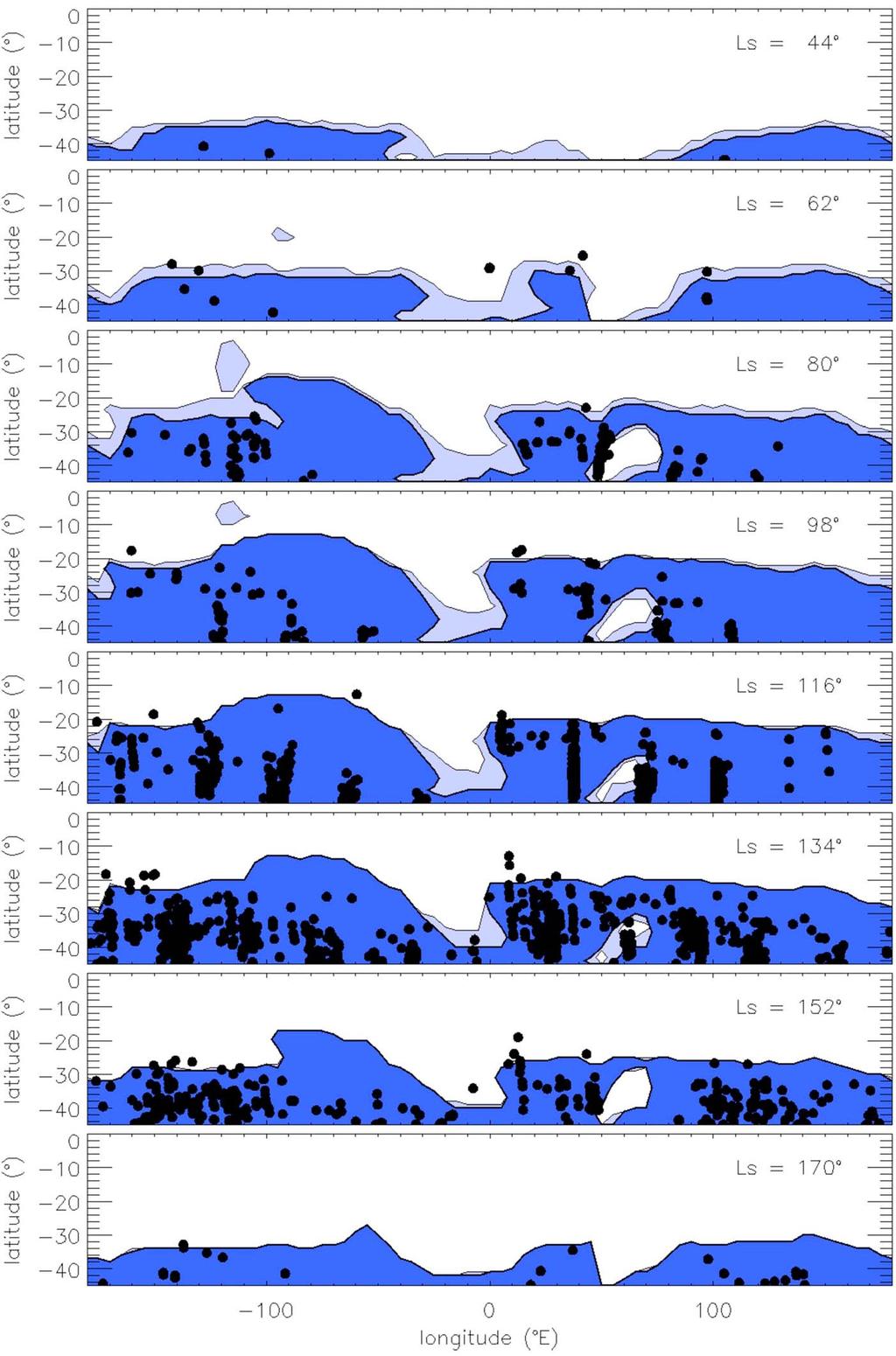 Figure 5. Predicted area of ice deposits on slopes (dark blue, 5mm thick and more; light blue, 2mm thick) compared to observations (dots). Model predictions are shown for 8 solar longitudes.