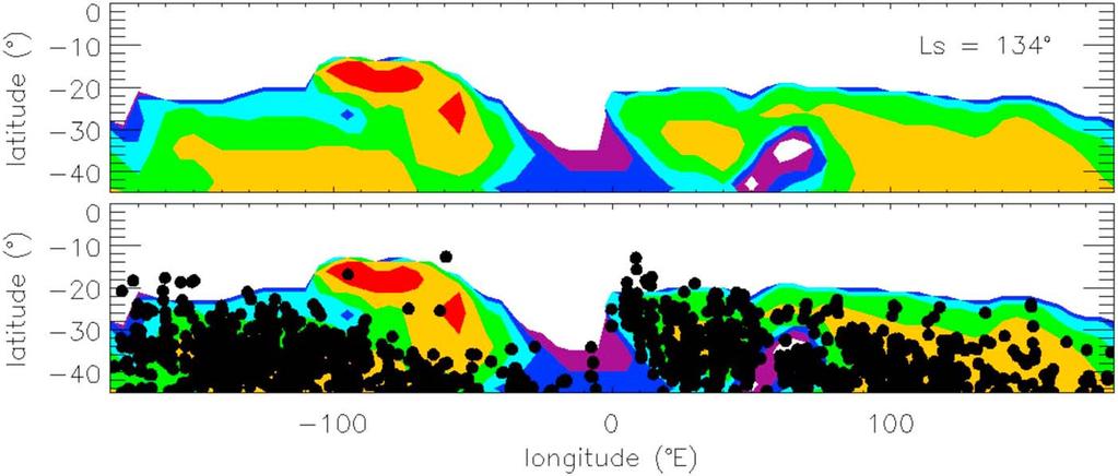 Figure 9. (top) Thickness of water ice deposits predicted by the model at L S 134 in the Southern Hemisphere.