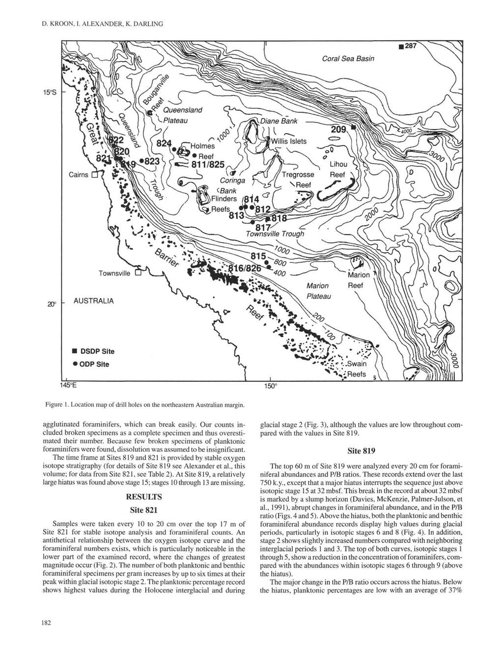 D. KROON, I. ALEXANDER, K. DARLING 15 S Holmes Reef 811/825, v Coringa (Bank Flinders 817 Townsville Trough 145 E Figure 1. Location map of drill holes on the northeastern Australian margin.