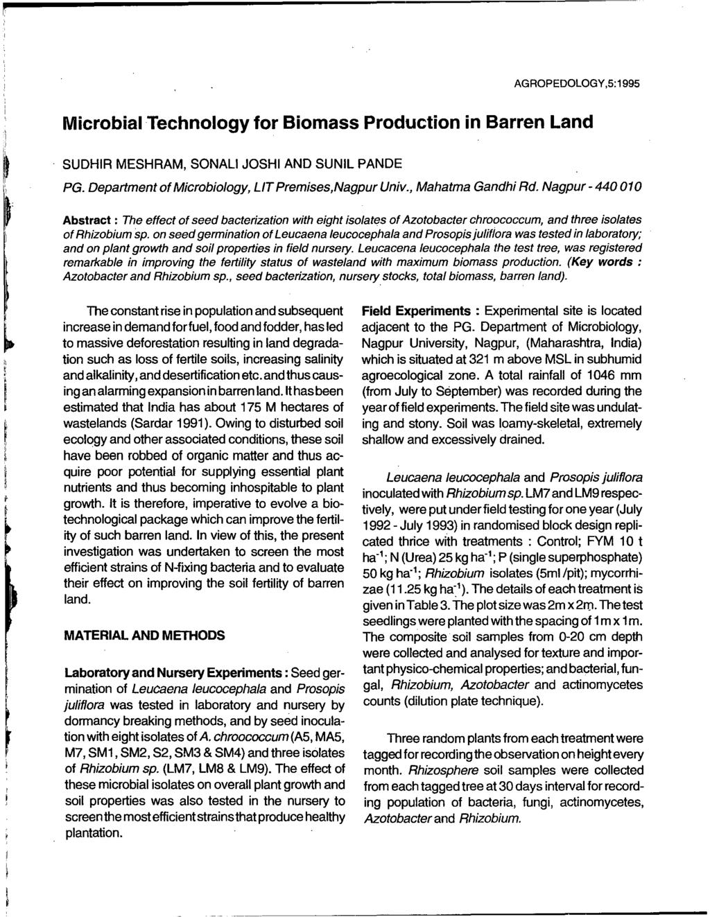 AGROPEDOLOGY,5:1995 Microbial Technology for Biomass Production in Barren Land SUDHIR MESH RAM, SONAL! JOSHI AND SUNIL PANDE PG. Department of Microbiology, LIT Premises,Nagpur Univ.