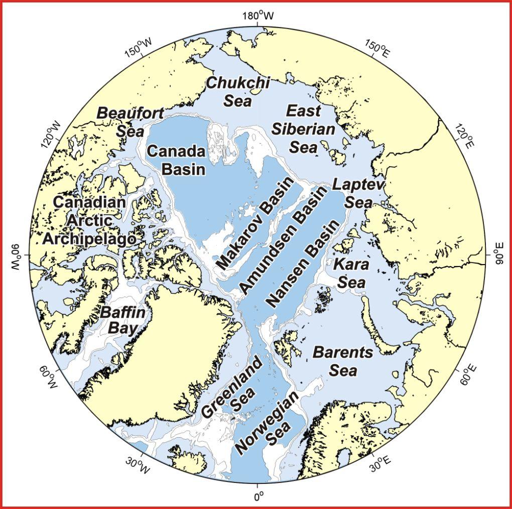 ICARP II Science Plan 5 2 5 Figure 5.1. Major shelf seas and deep basins in the Arctic (from Carmack et al., 2006). Lomonosov Ridge and ones planned during drilling in the Bering Sea.