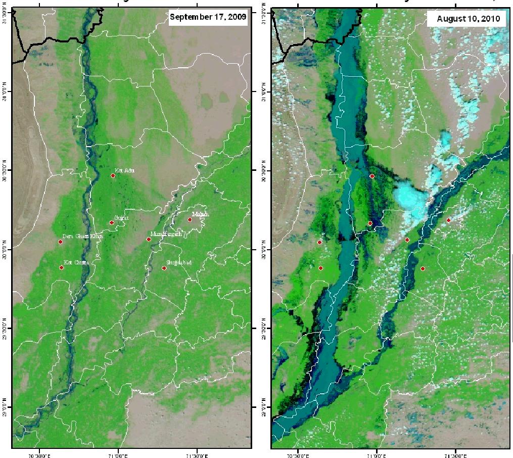 Example Geospatial information for DRM GEO REF Information Sharing Indus valley before (Sept 2009) and after 2010 Pakistan floods (Sept 2010) highlighting