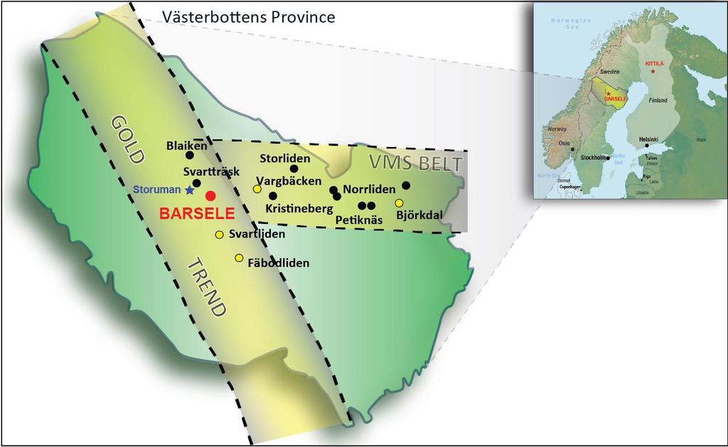 Barsele Project General Location Located at the intersection of the Skellefte-belt and the Gold Line metallogenic trends in Sweden Agnico Eagle has a 55% interest with an option for an additional 15%