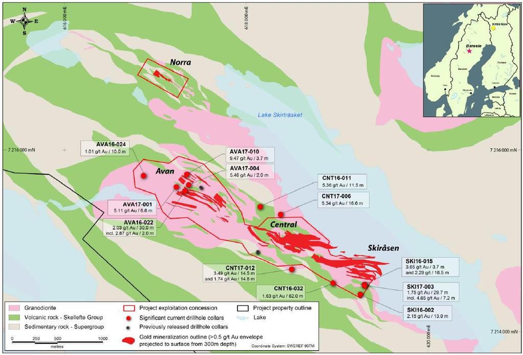 Barsele Project Geological Setting Potential for Additional Mineralization Along a 7 Kilometre Strike Length Project area covers a sequence of Proterozoic aged metasedimentary and metavolcanic rocks
