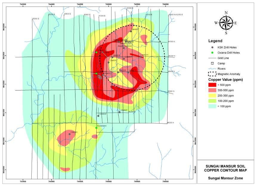 Figure 11. Map of the Mansur copper anomaly showing the locations of previous shallow drill holes.