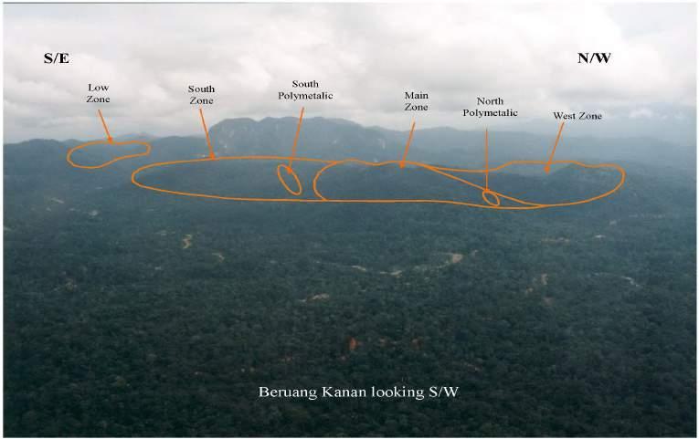 Beruang Kanan A 750m diameter by over 2000 meters long magnetic anomaly in the Beruang Kanan Main Zone is believed to be the source of the widespread (6km by 4km) copper mineralization defined by
