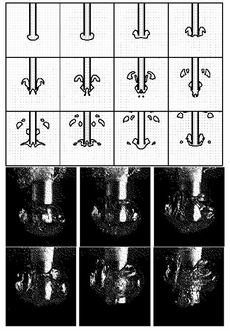 Figure 1: Bubble formation from injection of air through a downward facing vent. High-speed video images (bottom) and VOF computations ( top) [7].