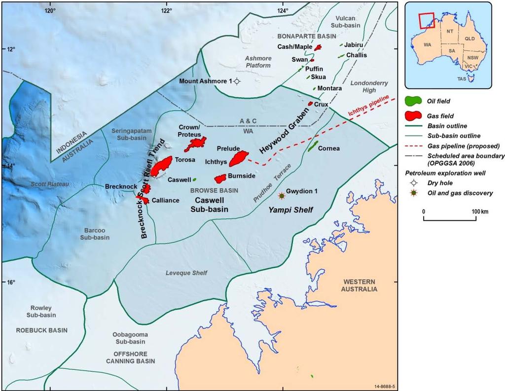 Browse Basin oil and gas accumulations Gas accumulations in Calliance/Brecknock/Torosa, Ichthys/Prelude and Crux