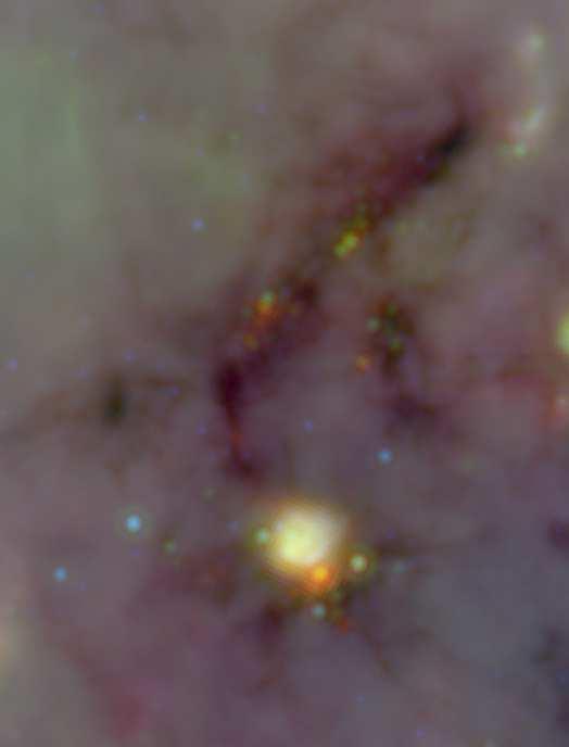 26 Fig. 1a. Three color Spitzer composite image (red/green/blue = 70/24/8 µm) showing the IRDC G28.34+0.06.