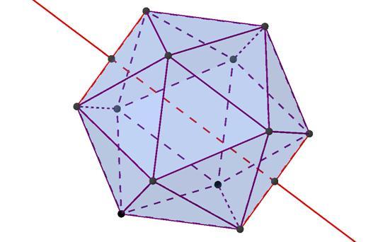 c) Eno izmed 15 osi reda 2, ki potekajo skozi središči nasprotnih robov prikazuje slika 11.