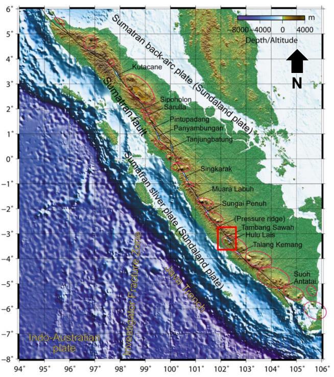 Figure 1 Regional scale of the Sumatran fault system. The Hululais field location is indicated by the red rectangle shape (modified from Muraoka et al., 2010).