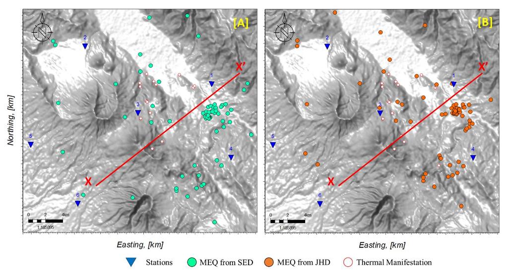 Figure 8 Comparison of epicenter maps showing the results from SED (A) and JHD (B) techniques. The red line (X X ) indicates the vertical section in Figure 9.