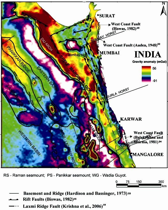 gravity highs and lows from Kathiawar horst totellicherry horst (Figs. 8 a and b). The major faults in the western offshore region are superimposed over the gravity image (Fig. 8b).