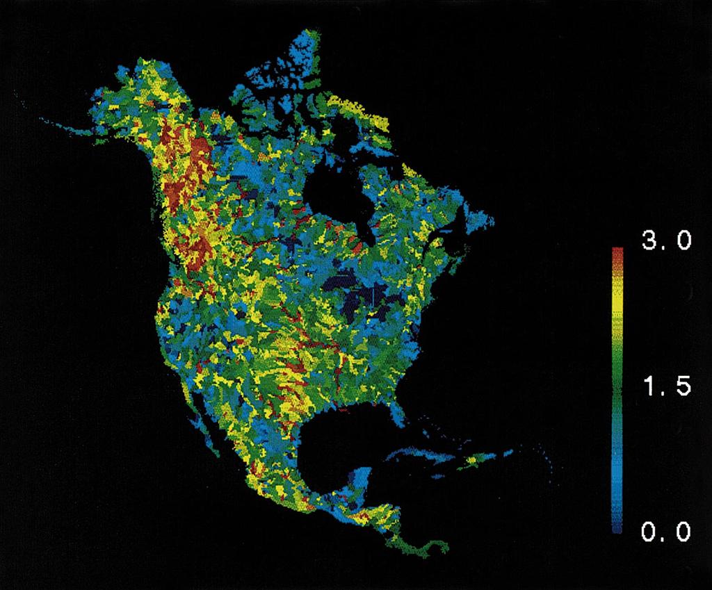 P. Kumar et al. / Advances in Water Resources 23 (2000) 571±578 575 Fig. 4. Spatial distribution of basin standard deviation of the topographic index over North America. Fig. 5. Spatial distribution of basin skew of the topographic index over North America.
