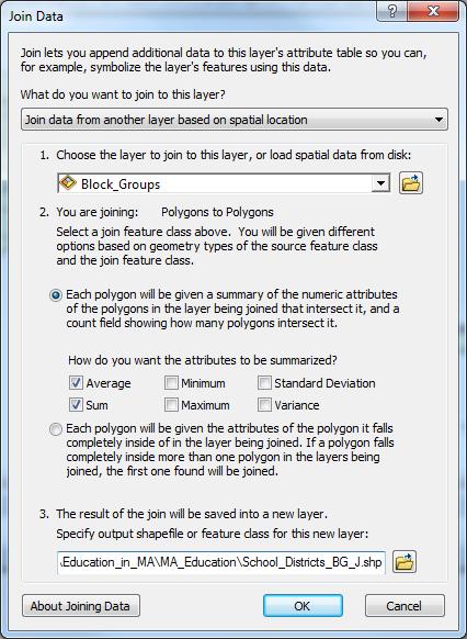 2 In the spatial join window, specify Join data from another layer based on spatial location as the join type. Choose the Block_Groups layer to join to.