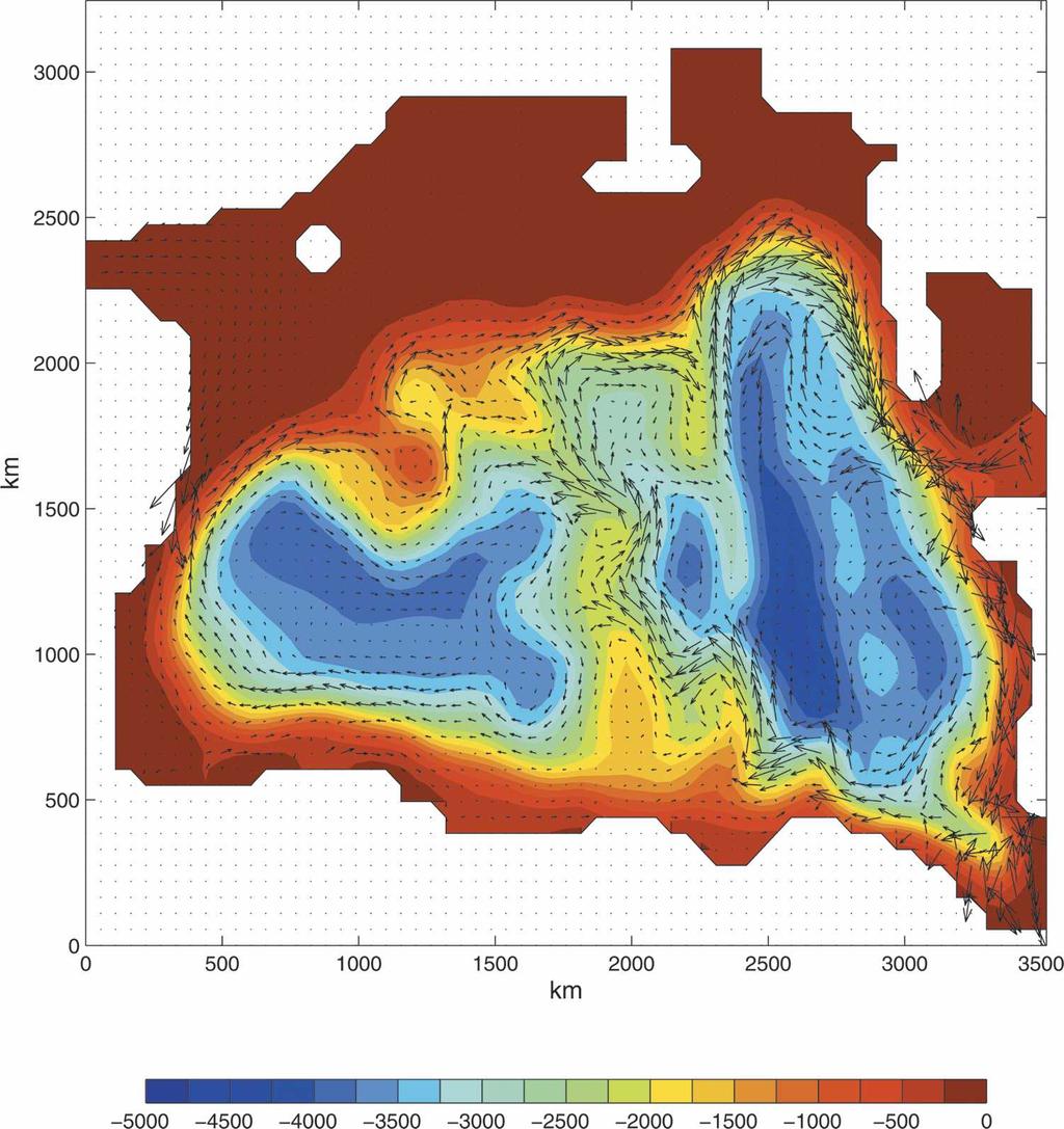 DECEMBER 2005 YANG 2391 FIG. 3. The transport velocity H(u, ) (vectors) at the end of 1000th-year integration from the standard run. The background color is the bathymetry as shown in Fig. 2. Note the remarkable similarity between this result and the schematic one shown in Fig.