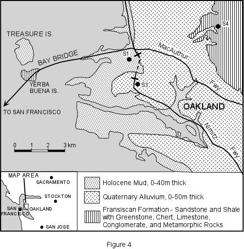 Page 5 of 8 On the map, the areas marked as Holocene mud are areas that were formerly occupied by San Francisco Bay, but have been filled with loose sediment in the last 100 years, the mud contains