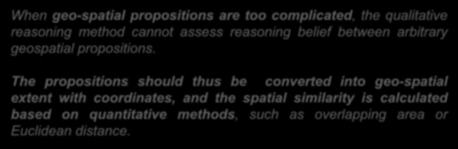 When geo-spatial propositions are too complicated, the qualitative reasoning method cannot assess reasoning belief between arbitrary geospatial propositions.