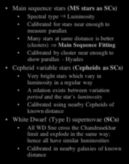 Standard Candles - Examples Main sequence stars (MS stars as SCs) Spectral type Luminosity Calibrated for stars near enough to measure parallax Many stars at same distance