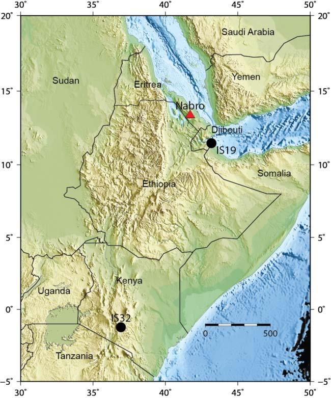 Nabro eruption, June 2011 Detected by 2 IMS infrasound arrays: IS19 (Djibouti): 264 km, 323 IS32 (Kenya): 1708 km, 18 Erupted