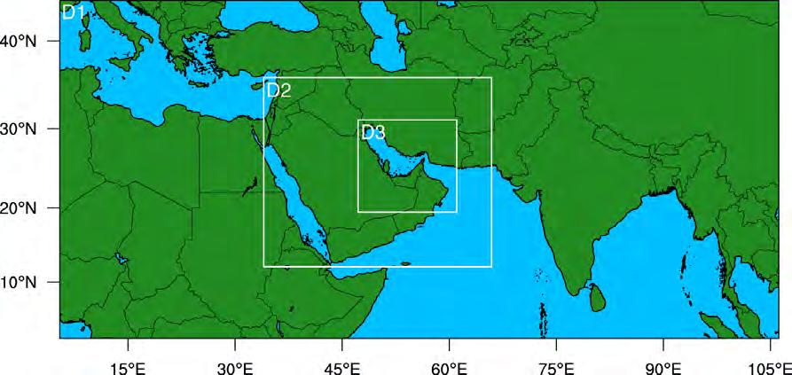 covering the Arabian Gulf region. The innermost 4-km nested domain ( D3 ) covers the UAE and vicinity. Domain 1: 36 km resolution, with 283 (E-W) x 133 (N-S) grid cells.