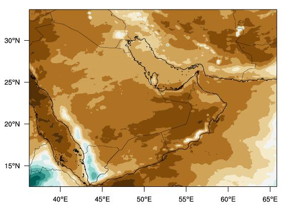 Figure 16 shows the annual average precipitation for the entire 12-km region (D2), with the top panel are satellite derived estimates of TRMM and CMORPH and the