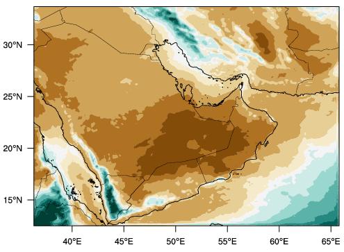 Iran, the smaller amounts over the southeastern and the higher amounts on the southwestern Arabian Peninsula, TRMM CMORPH WRF 12-km Baseline WRF 12-km 20THC