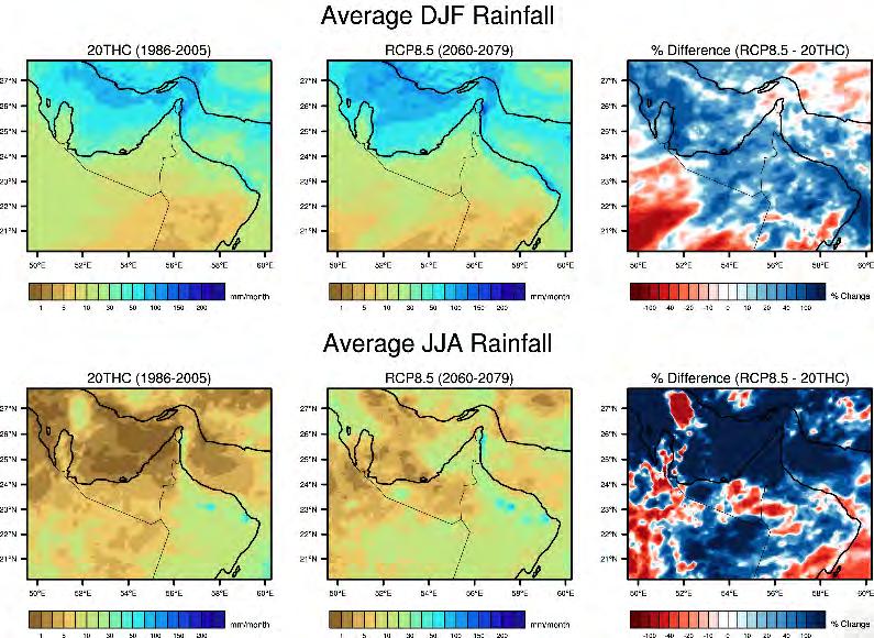 winter (December-January-February, middle row), and summer (June-July-August, bottom row). In total (top row), rainfall is projected to increase over much of the UAE, the Hajar Mountains, and Qatar.