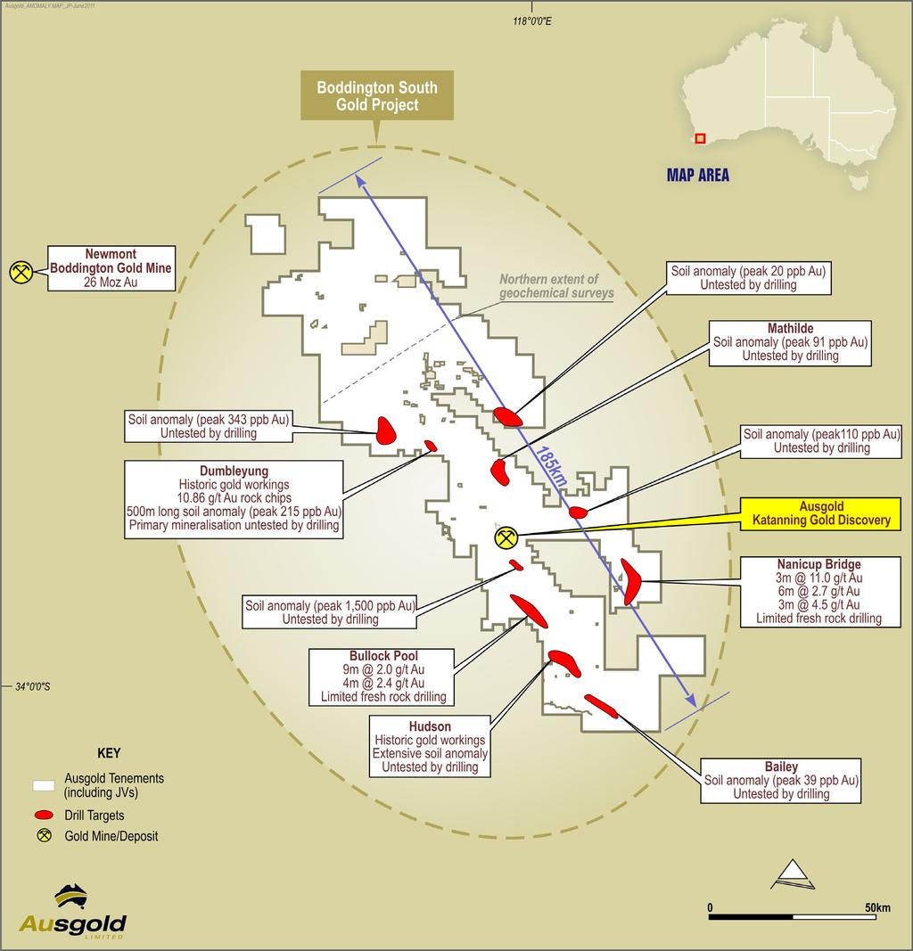 Figure 6: Schematic image of selected regional gold targets within the Ausgold s greater Boddington South Exploration Project derived from